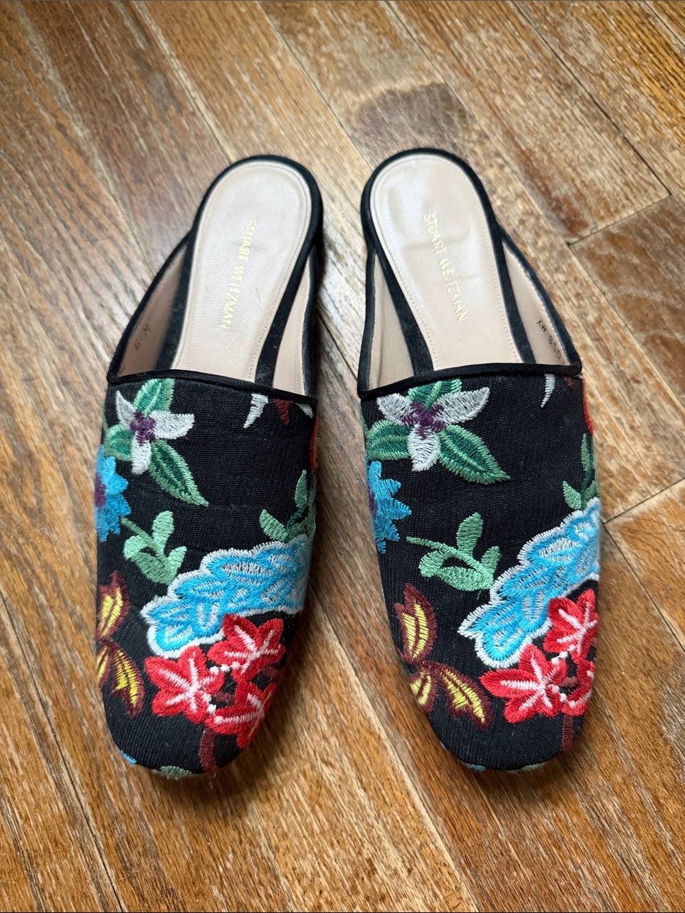 Stuart Weitzman Black Floral Embroidered Slip-On Mules
